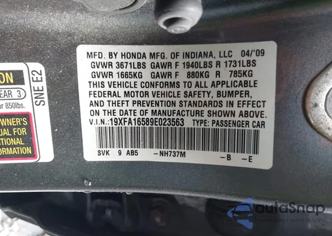 2009 Honda Civic Lx z USA, uszkodzony, nr VIN 19XFA16589E023563